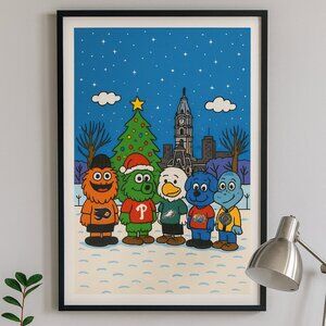 Philly Mascots Christmas Print 13×19 Framed — Gritty, Phanatic, Swoop, Franklin,